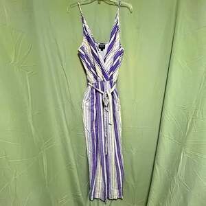 ECI New York Romper Jumpsuit Linen Rayon Blend Purple Stripe Sleeveless XL